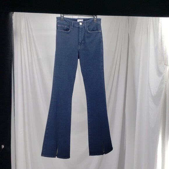 FRAME Women Le One Flare Jeans Keller Blue Stretch Denim Mid Rise Split 2 - Picture 2 of 14